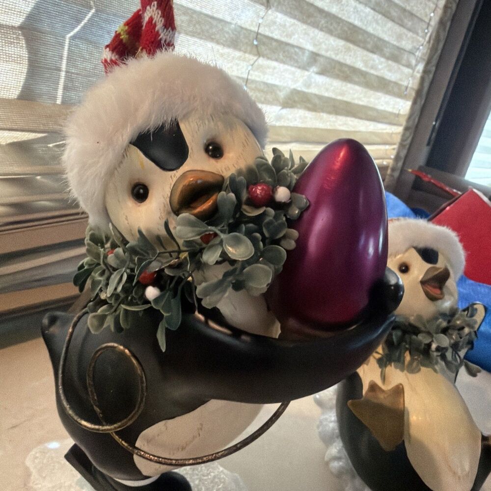 Black White Playful 11" Penguin Bird in Stocking Cap with Light Bulb Figurine